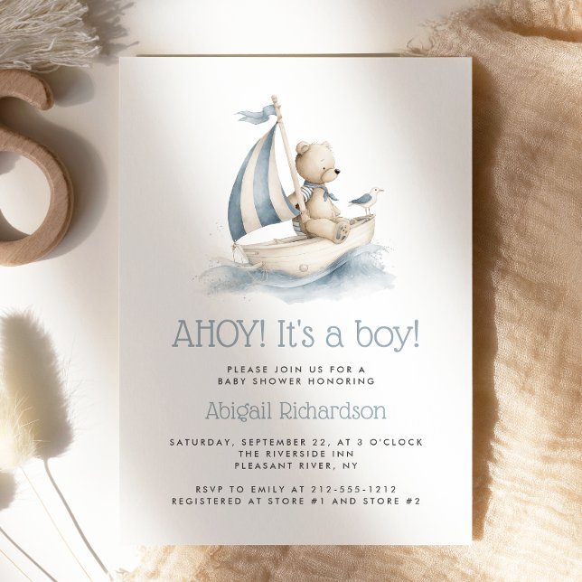 Cute Nautical Teddy Bear Boy Baby Shower Einladung (Von Creator hochgeladen)