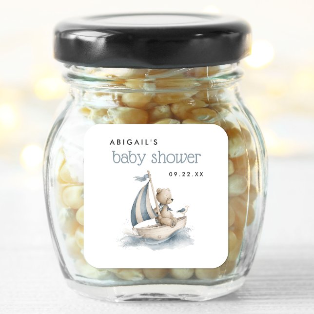 Cute Nautical Teddy Bear Boys Baby Shower Quadratischer Aufkleber (Von Creator hochgeladen)