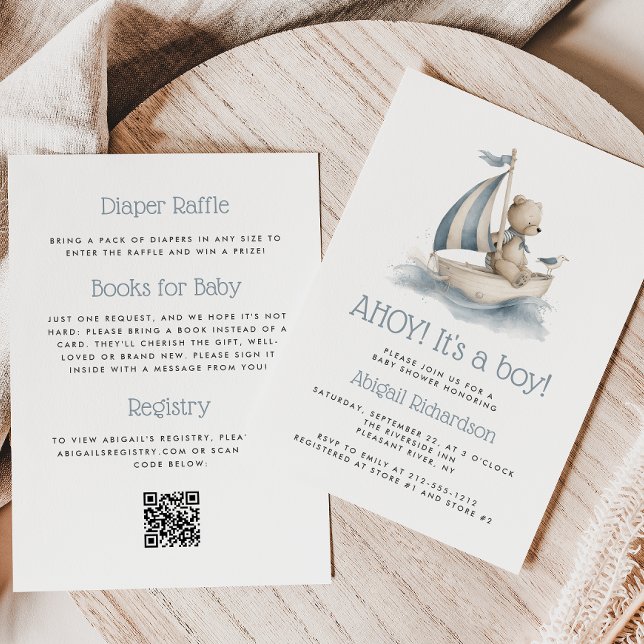 Cute Nautical Teddy Bear QR Code Boy Baby Shower Einladung (Von Creator hochgeladen)
