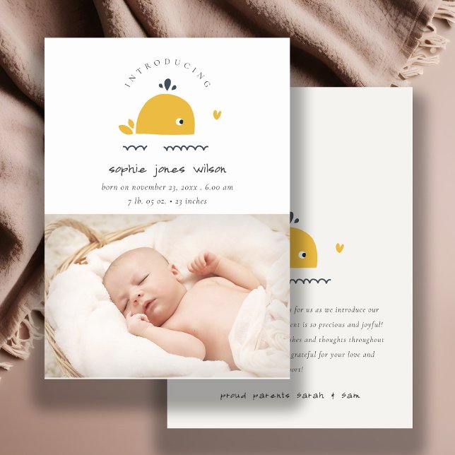 Cute Nautical Whale Heart Photo Faire-part de nais (Créateur téléchargé)