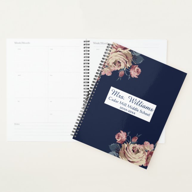 Cute Navy Blue Floral Planificateur d'enseignant p (Devant avec enveloppe)