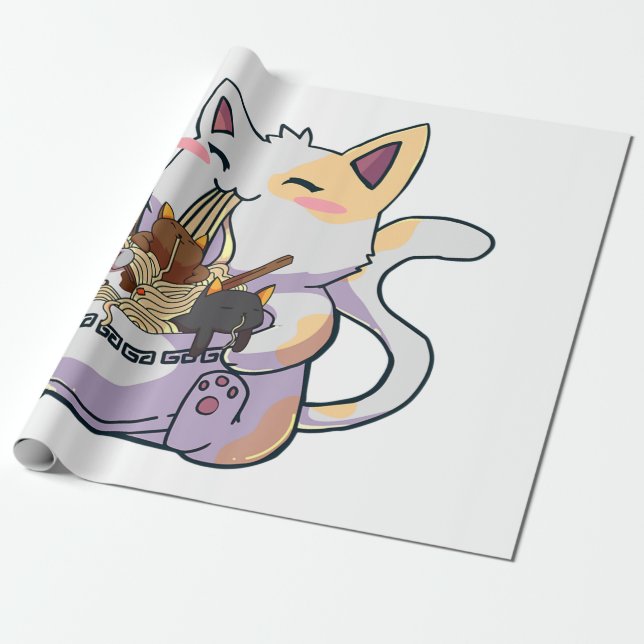 Cute Neko Cat With Ramen Noodles Bowl Anime Japan  Geschenkpapier (Ungerollt)