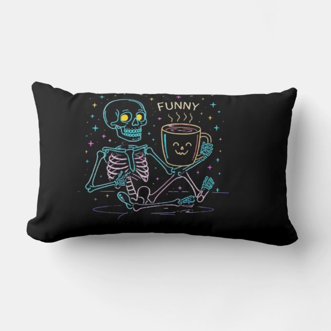 Cute Neon Skeleton Drinking Coffee – Funny Pastel  Lendenkissen (Vorderseite)