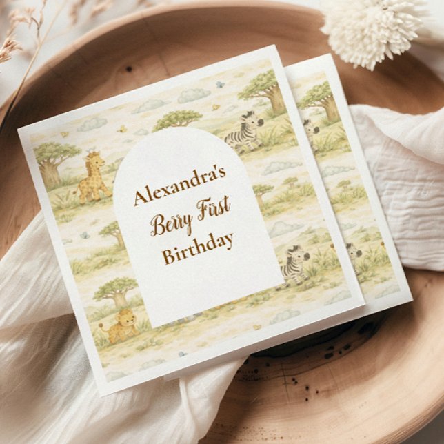 Cute Neutral Safari Animals First Birthday Serviette (Von Creator hochgeladen)