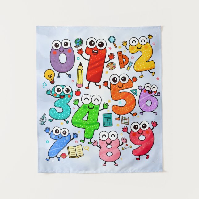Cute Numbers Characters Maths Poster for Kids Wandteppich (Vorderseite)
