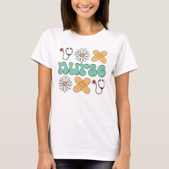 Cute Nurse Design with Flowers and Medical Icons T-Shirt (Vorderseite)