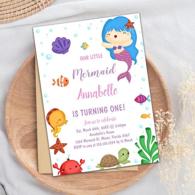 Cute Ocean Party Invitation pour filles (Little Blue heir Mermaid Invitations)
