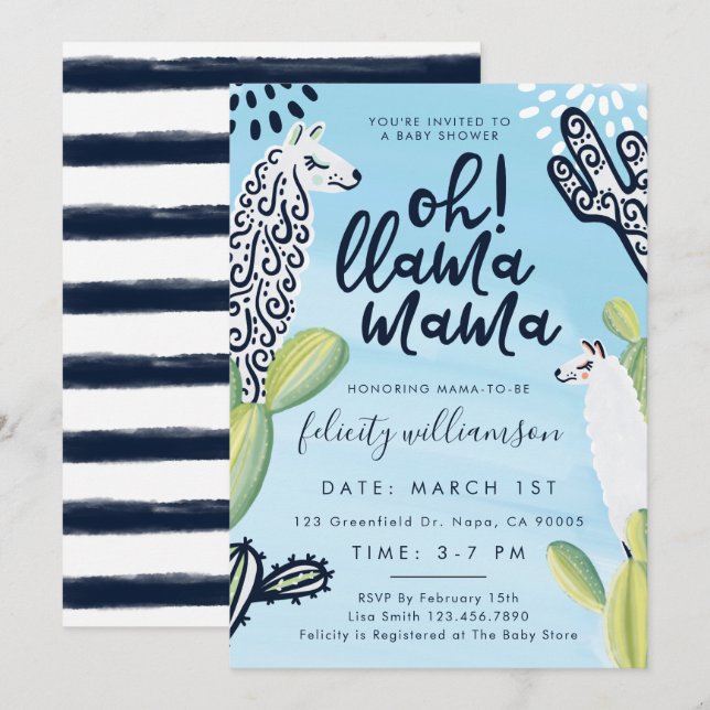 Cute Oh Llama Mama Baby Boy Baby shower Invitation (Devant / Derrière)