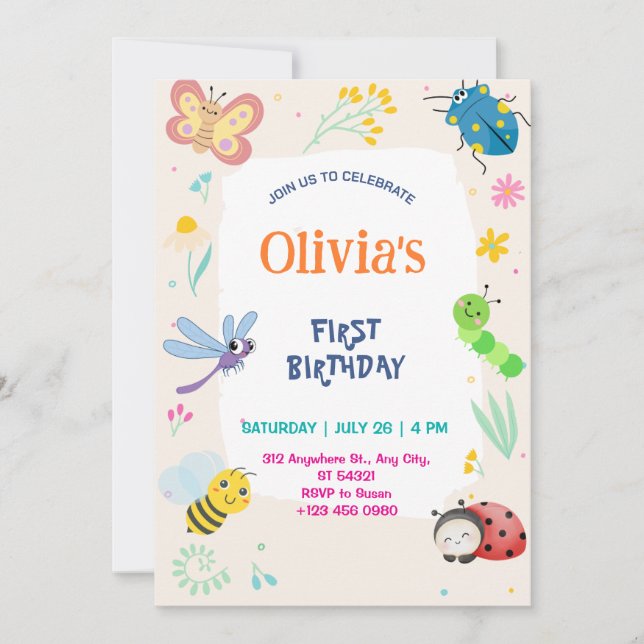 Cute One Bug & Butterflies 1st Birthday Invitation Einladung (Vorderseite)
