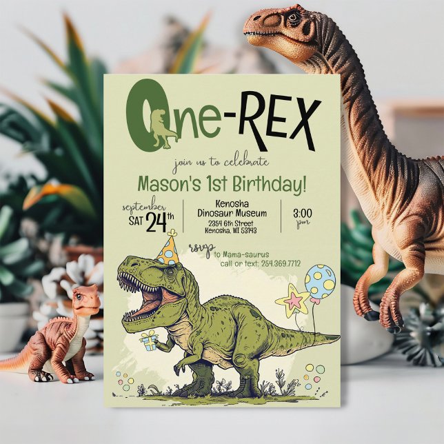Cute One-Rex Dinosaur Cartoon 1st Birthday Party Einladung (Cute modern cartoon T-Rex Dinosaur One-Rex, boy 1st birthday party printable invitation, green TRex)