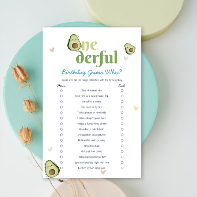 Cute Onedering Avocado 1er Anniversaire Carte de j (Cute Onederful Avocado 1st Birthday Game Card)