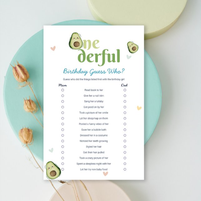 Cute Onedering Avocado 1er Anniversaire Carte de j (Cute Onederful Avocado 1st Birthday Game Card)