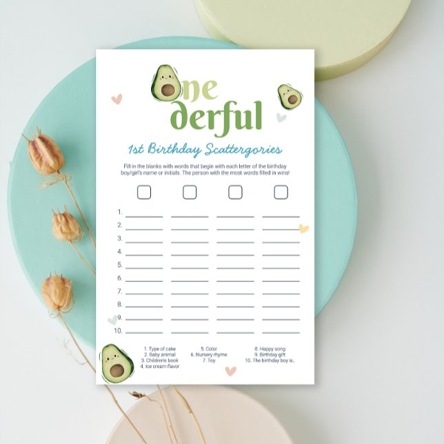 Cute Onedering Avocado 1er Anniversaire Carte de j (Cute Onederful Avocado 1st Birthday Game Card)