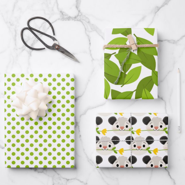 Cute Opossum Faces, Green Leaves & Circles Pattern Geschenkpapier Set (Vorderseite)