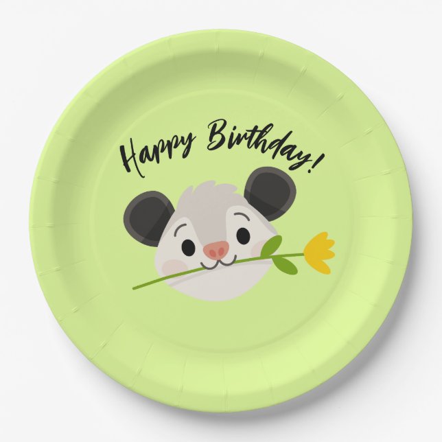 Cute Opossum Head with Flower, “Happy Birthday!” Pappteller (Vorderseite)