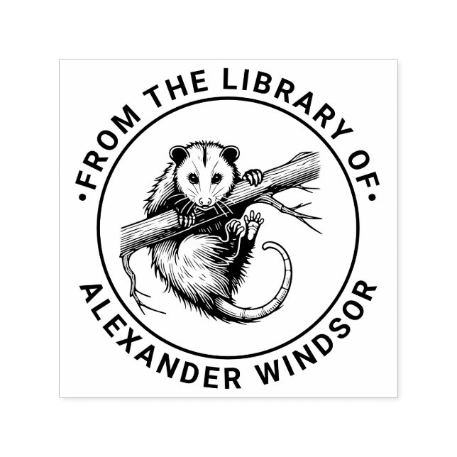 Cute Opossum on Branch #2 Round Library Book Name Permastempel (Design)