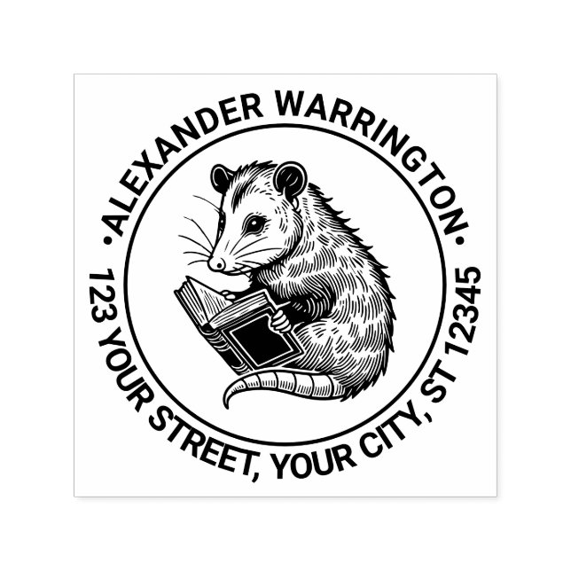Cute Opossum Reading Book Name Return Address Permastempel (Design)