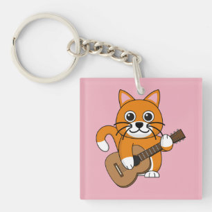 Cute Orange Chat Blanc Jouer Caricature Guitare