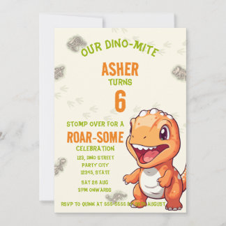 Cute Orange Dinosaur T-Rex Birthday Invite Einladung