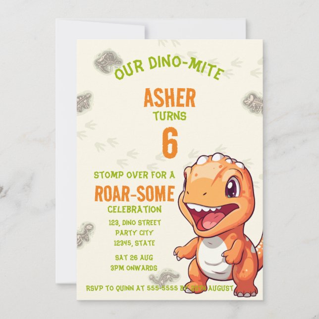 Cute Orange Dinosaur T-Rex Birthday Invite Einladung (Vorderseite)