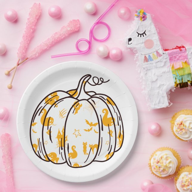 Cute Orange Halloween Icons in Pumpkin Pappteller (Party)