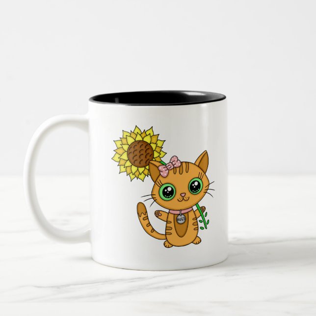 Cute Orange Kawaii Cat with Sunflower Zweifarbige Tasse (Links)