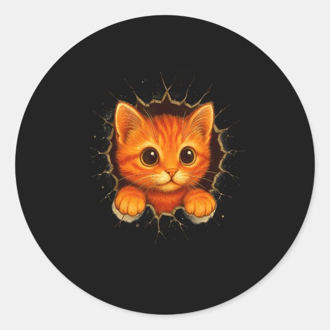 Cute Orange Kitten Cracks Mug Wall Funny Cat Lover Runder Aufkleber (Vorderseite)