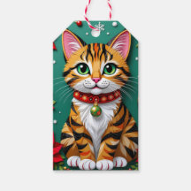 Cute Orange Kitty Cat and Poinsettia Christmas