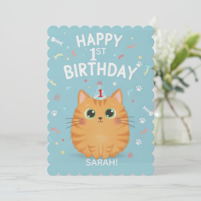 Cute Orange Tabby Cat 1st Birthday | Customizable  Einladung (Stehend Vorderseite)