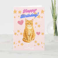 Cute Orange Tabby Cat Happy Birthday Card - Retro