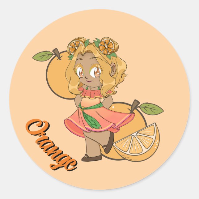 Cute Orange Theme Chibi with Oranges Runder Aufkleber (Vorderseite)