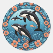 Cute Orca Pod nage avec Sticker Fleurs