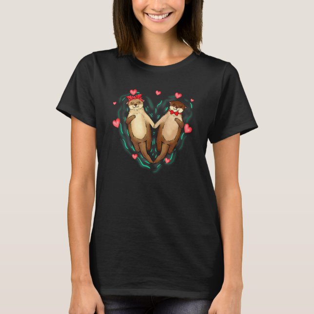 Cute Otters Couples Love Hearts Retro Style Valent T-Shirt (Vorderseite)