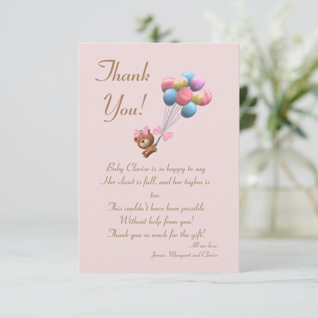 Cute Ours et Ballons Thème Carte de remerciements  (Debout devant)