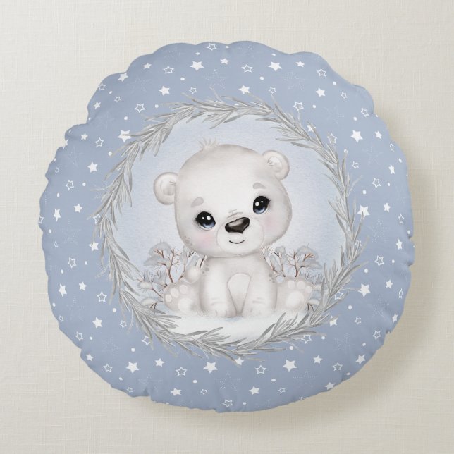Cute Ours Polaire Bébé Garçon bleu Coussin rond (Devant)