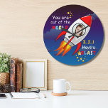 Cute Outer Space Rocket Ship Blast Off Birthday Große Wanduhr<br><div class="desc">Cute Outer Space Rocket Ship Blast Off Birthday Kids Stars Fun Personalized Photo design.</div>