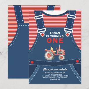 Cute Overalls Farm Tractor Boys Invitation d'anniv