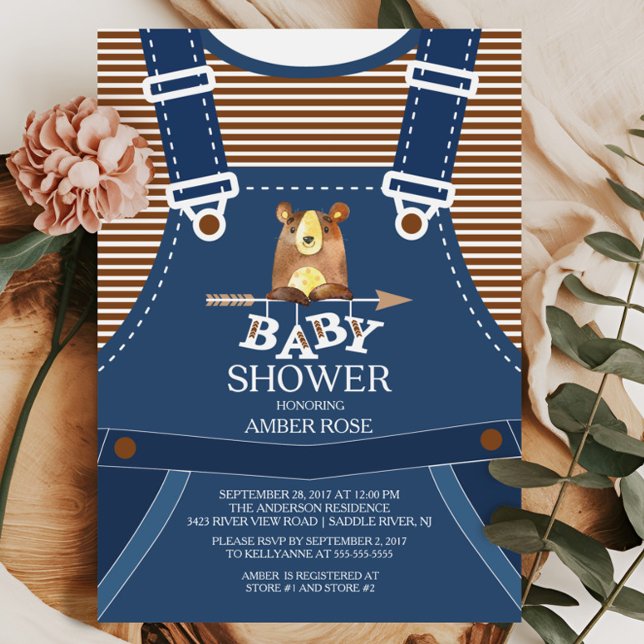 Cute Overalls Woodland Ours Baby shower Invitation (Créateur téléchargé)
