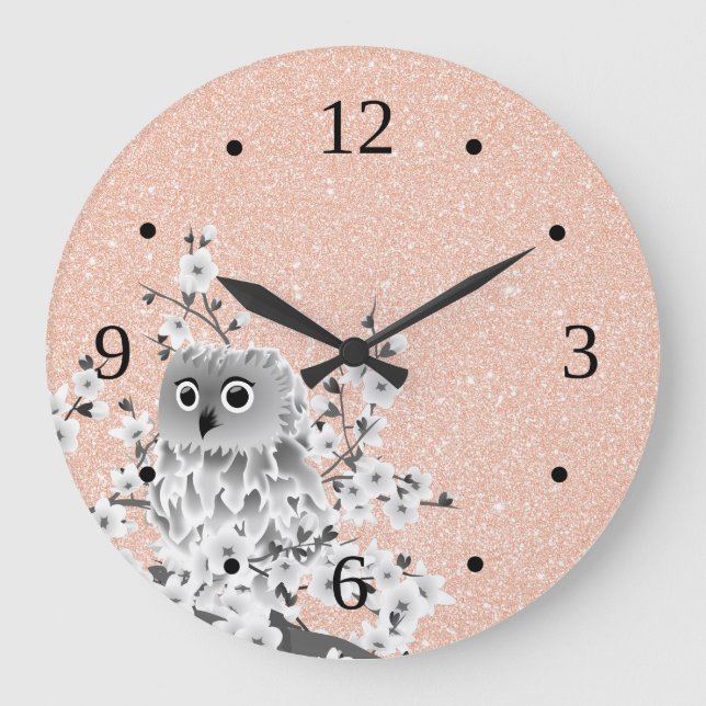 Cute Owl and Cherry Blossoms Rose Gold Große Wanduhr (Vorderseite)