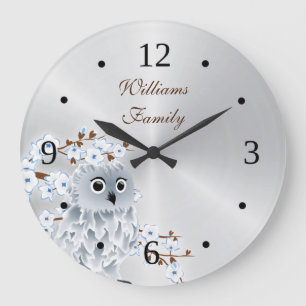 Cute Owl and Cherry Blossoms Silver Monogram Große Wanduhr