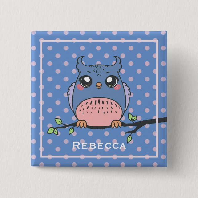 Cute Owl Art Dotty Personalised Girls Button (Vorderseite)