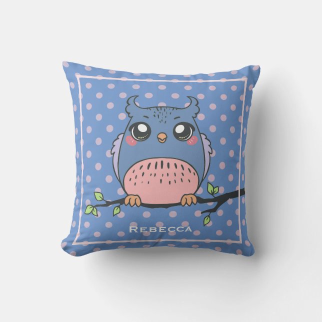 Cute Owl Art Dotty Personalised Girls Kissen (Vorderseite)