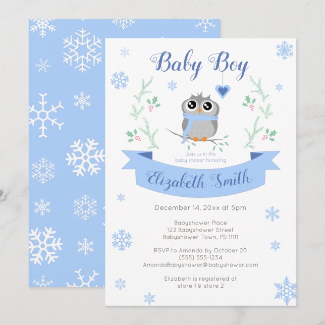 Cute owl baby boy winter babyshower einladung (Vorne/Hinten)