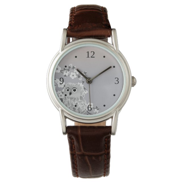 Cute Owl Beige Taupe White Numbers Armbanduhr (Vorderseite)