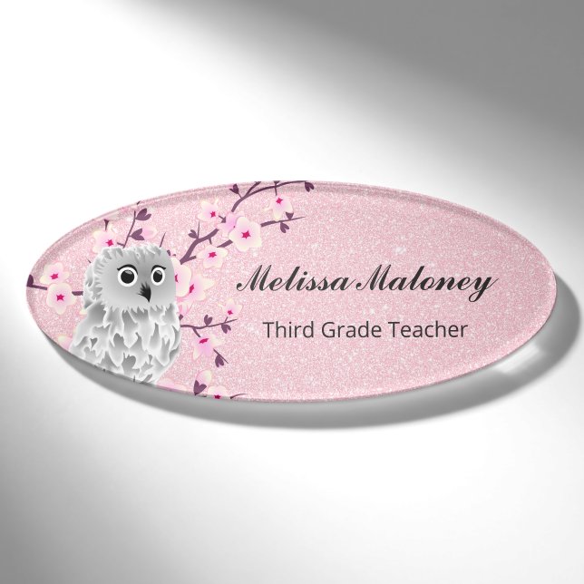 Cute Owl Cherry Blossoms Pink Glitter Teacher Namenschild (Vorderseite)