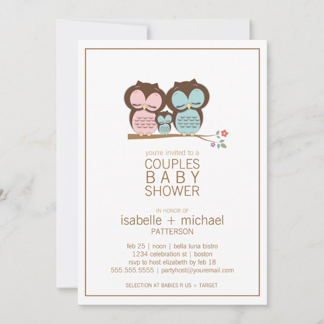 Cute Owl Famille Couples Baby shower Invitation (Devant)