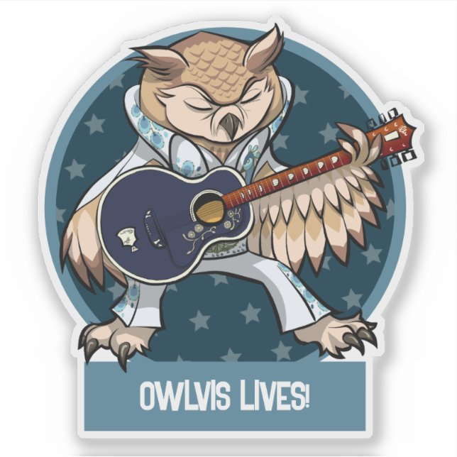 Cute Owl Owlvis Lives! Singer With Guitar Cartoon Aufkleber (Vorderseite)