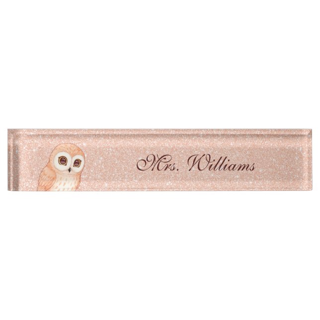 Cute Owl Rose Gold Glitter Teacher  Namensplakette (Vorderseite)