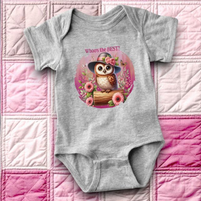 Cute Owl with Hat & Floral Scene Baby Strampler (Owl art baby bodysuit with template text)