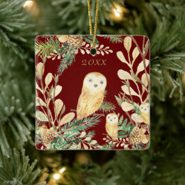 Cute Owls Red Pine Watercolor Christmas Year Keramikornament